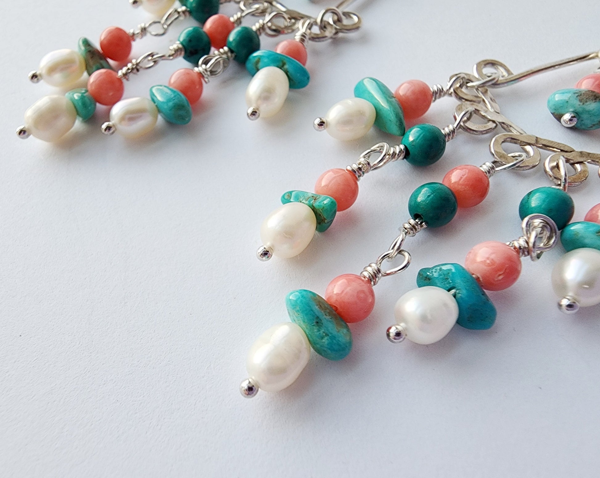 Celebration Turquoise Coral Pearl Chandelier Earrings made with Solid Sterling Silver, tiny white Freshwater Cultured Pearls, coral and Turquoise. 