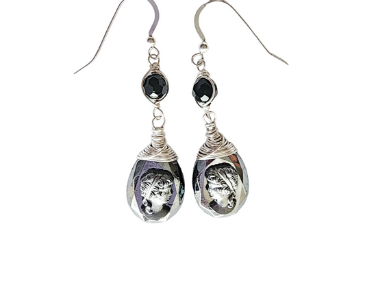 Long Victorian Style Black Cameo glass and crystal earrings wrapped with Sterling Silver. 