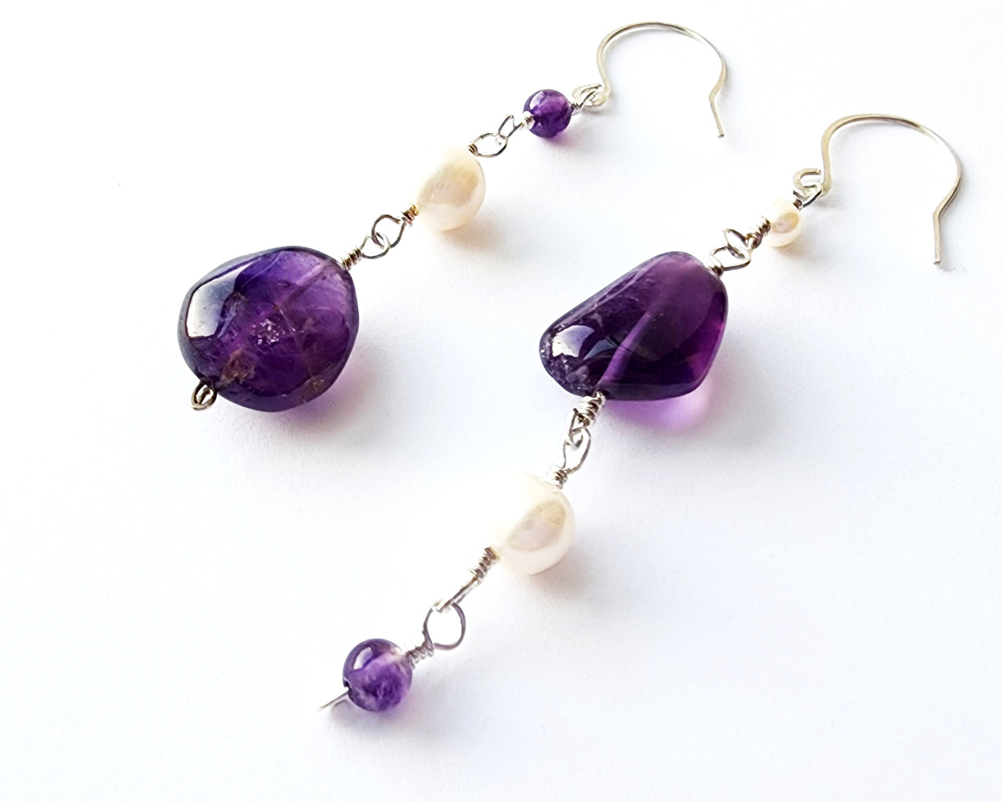 Long Asymmetrical Amethyst White Pearl Dangle Earrings