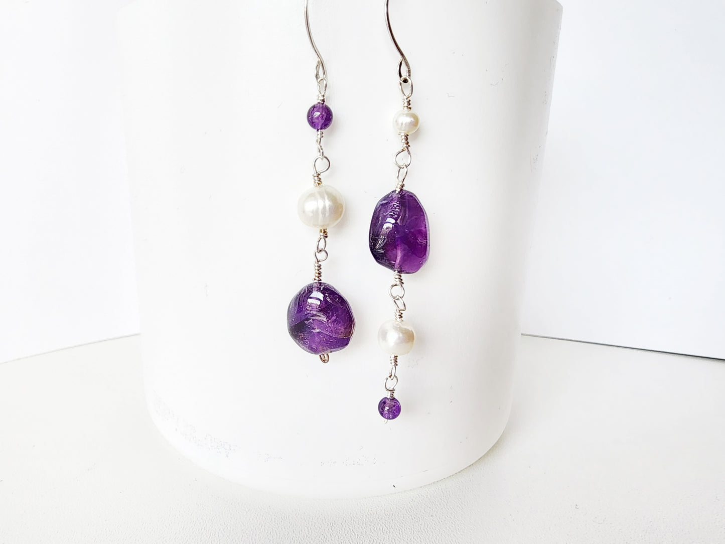 Long Asymmetrical Amethyst White Pearl Dangle Earrings