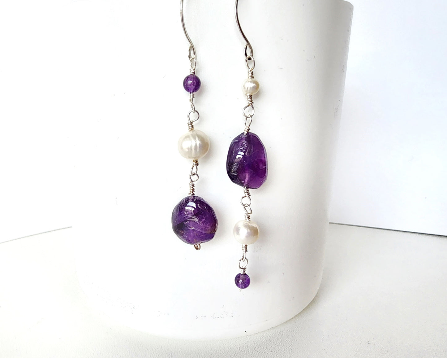 Long Asymmetrical Amethyst White Pearl Dangle Earrings