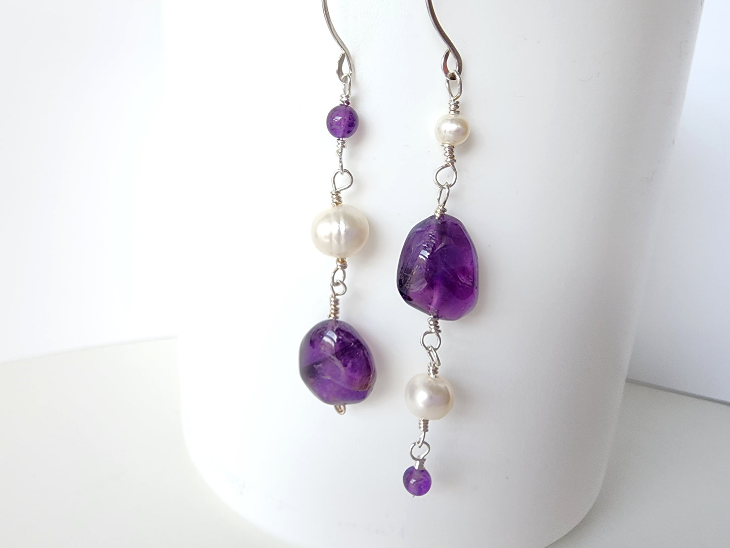 Long Asymmetrical Amethyst White Pearl Dangle Earrings