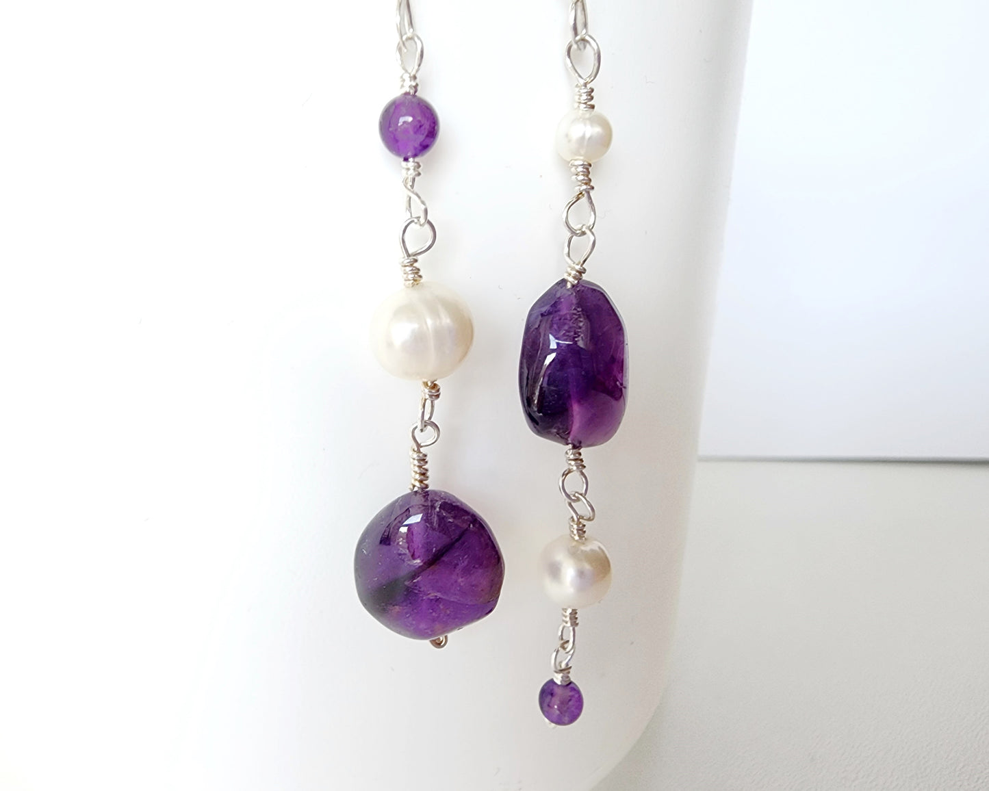 Long Asymmetrical Amethyst White Pearl Dangle Earrings