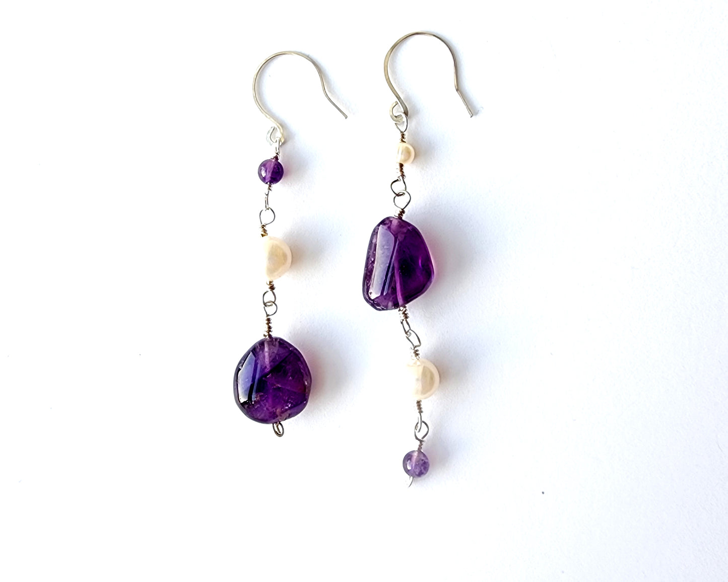 Long Asymmetrical Amethyst White Pearl Dangle Earrings