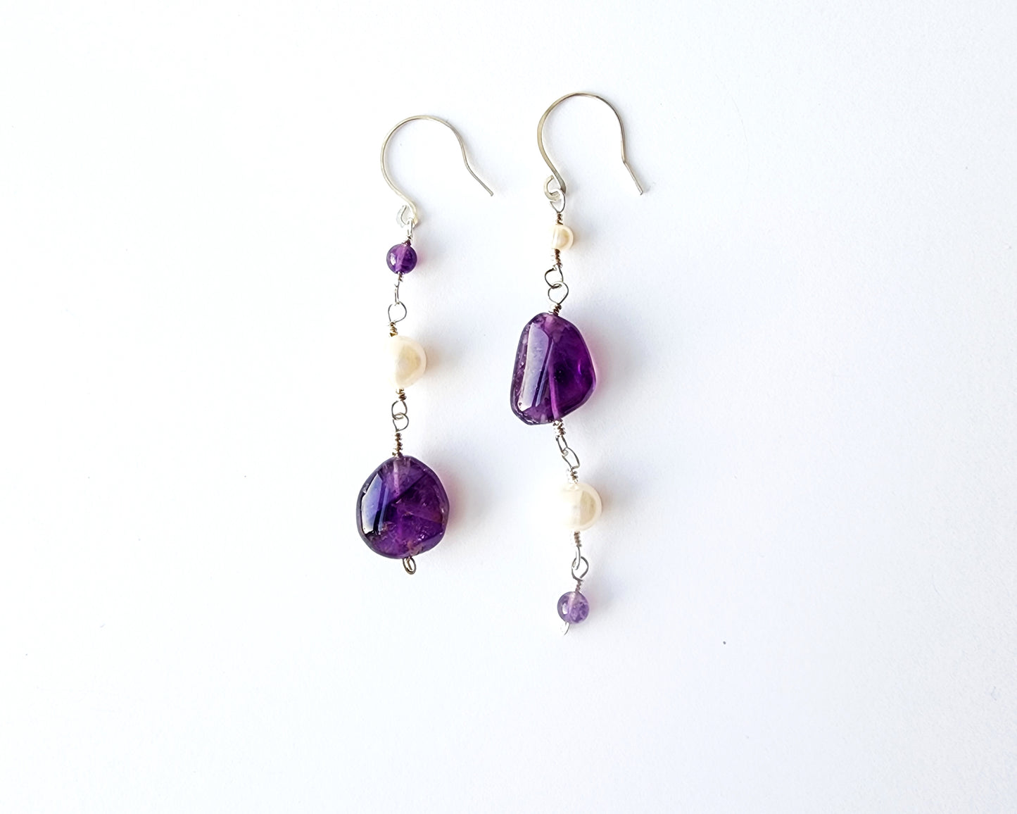 Long Asymmetrical Amethyst White Pearl Dangle Earrings