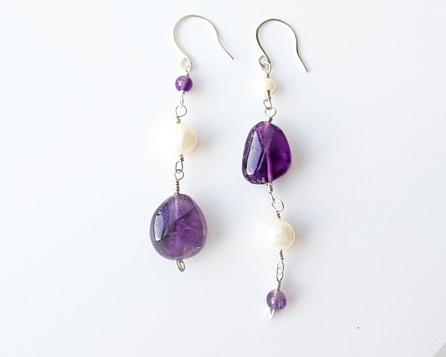 Long Asymmetrical Amethyst White Pearl Dangle Earrings