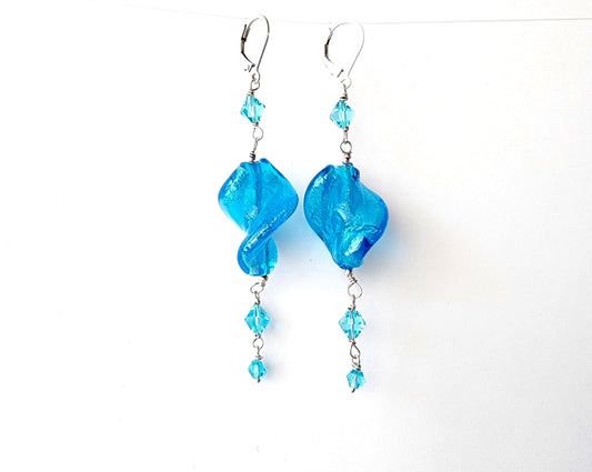 Long Dangle Aqua Blue Swirl  Glass Crystal Earrings