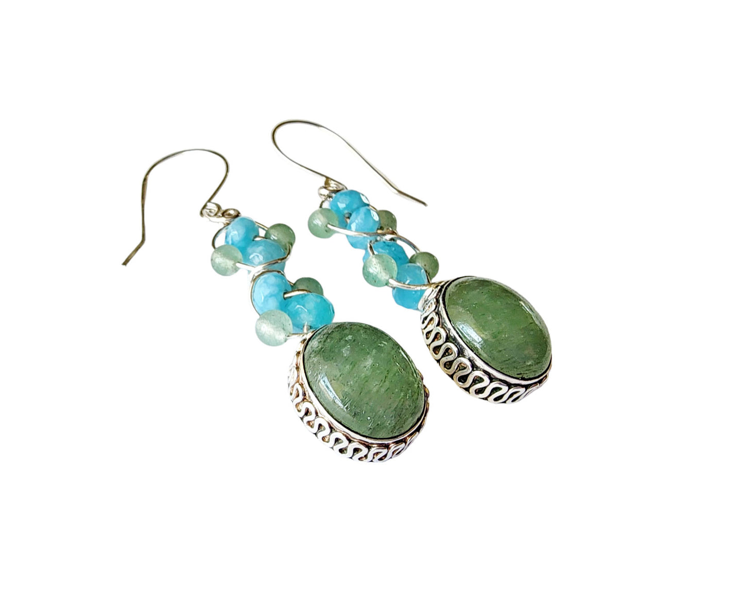 Long Dangle Earrings with large oval shaped Aventurine stones (soft green color) with a long design with blue Quartz and Aventurine beads and Sterling Silver. On French style earring hooks. 