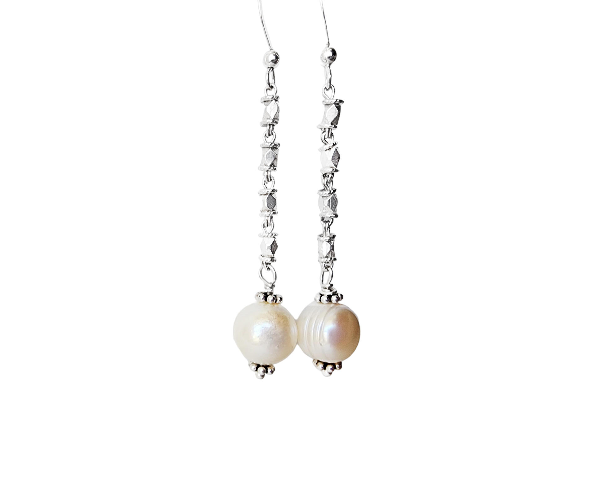 Long Art Deco Style Pearl Drop Earrings, Sterling Silver Decorative Chain with round white Freshwater Cultured Pearls with white background