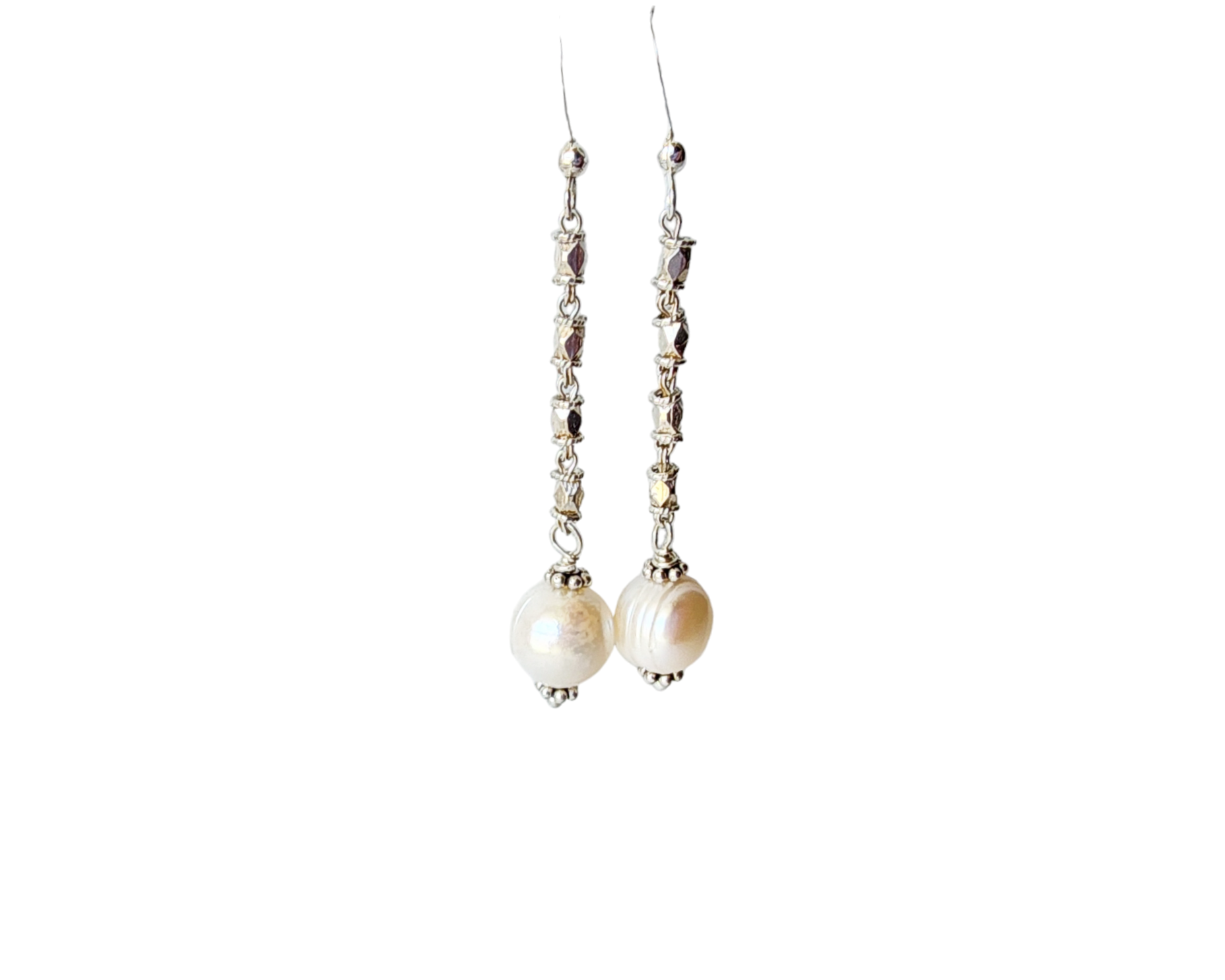 Long Art Deco Style Pearl Drop Earrings, Sterling Silver Decorative Chain with round white Freshwater Cultured Pearls with white background