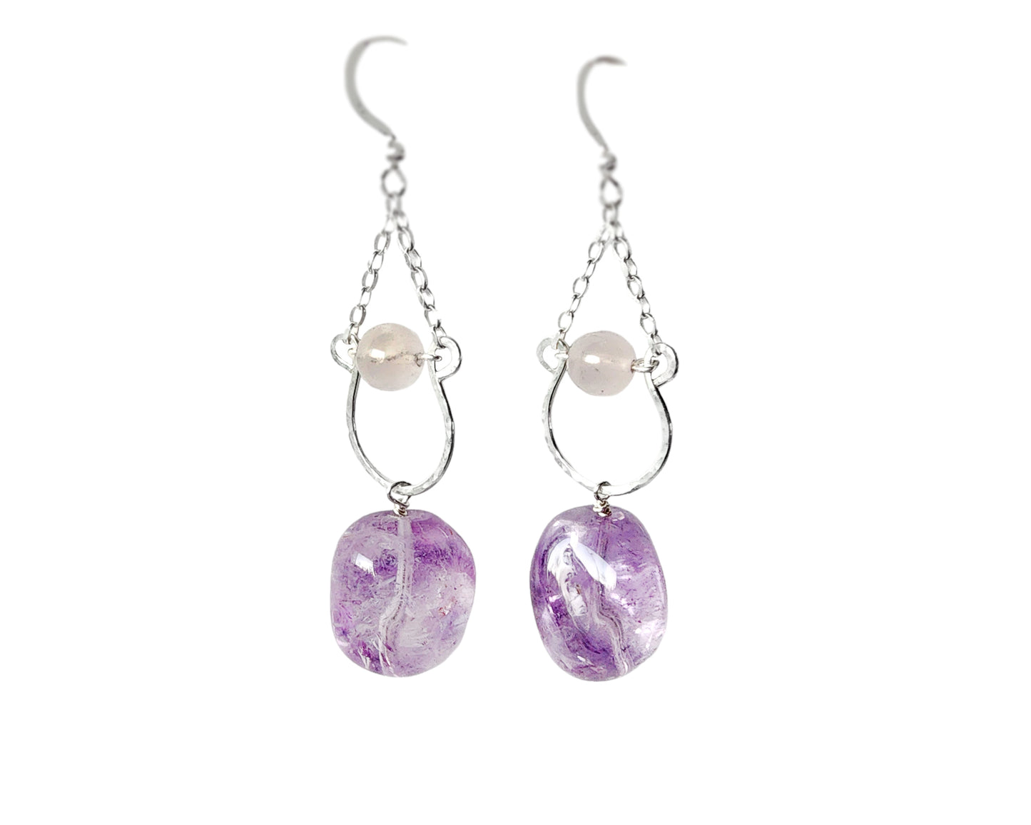 Long Amethyst Nugget Rose Quartz Dangle Chandelier Earrings with translucent lavender Amethyst and pale pink Rose Quartz 