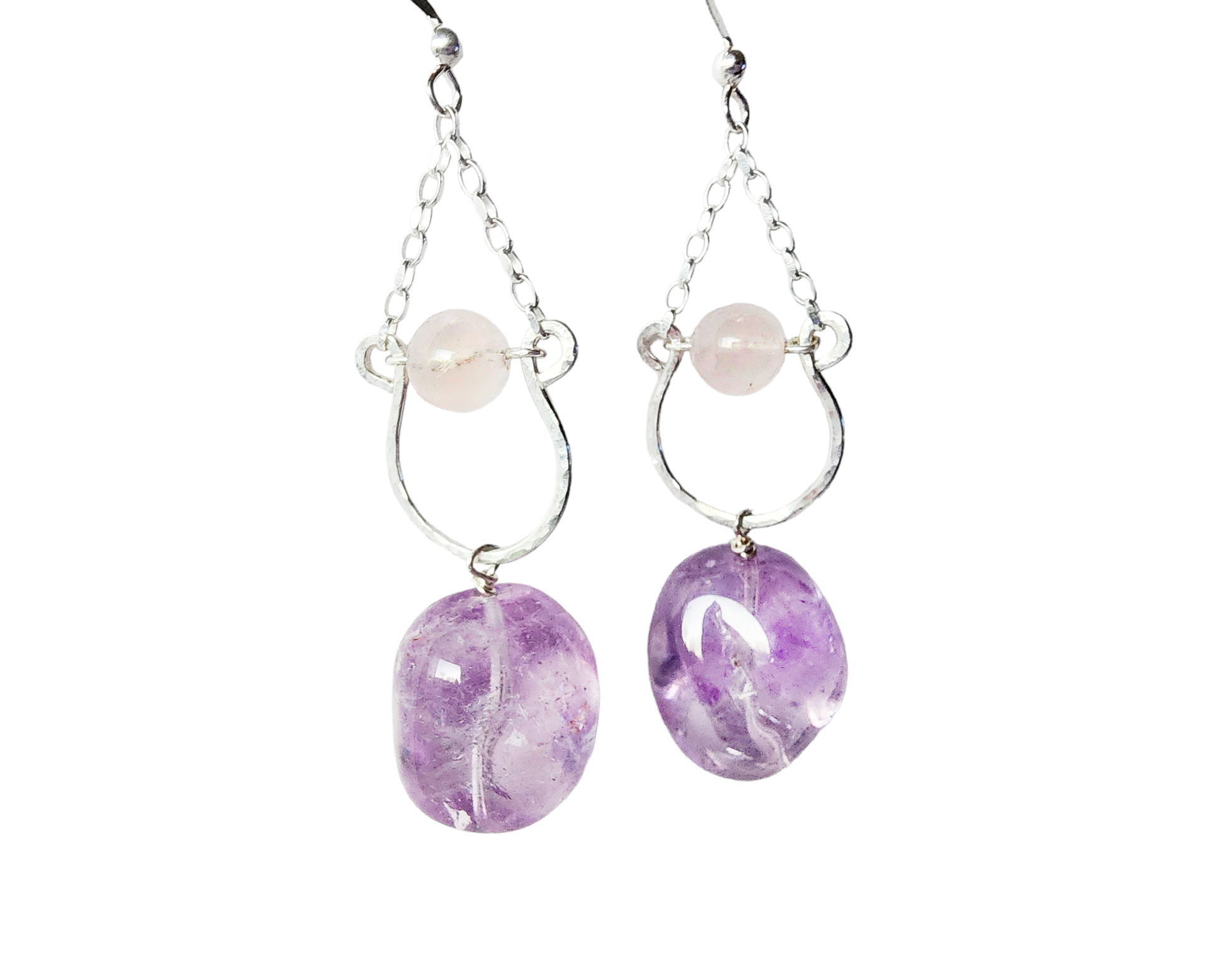 Long Amethyst Nugget Rose Quartz Dangle Chandelier Earrings with translucent lavender Amethyst and pale pink Rose Quartz 