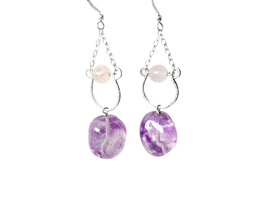 Long Amethyst Nugget Rose Quartz Dangle Chandelier Earrings with translucent lavender Amethyst and pale pink Rose Quartz 