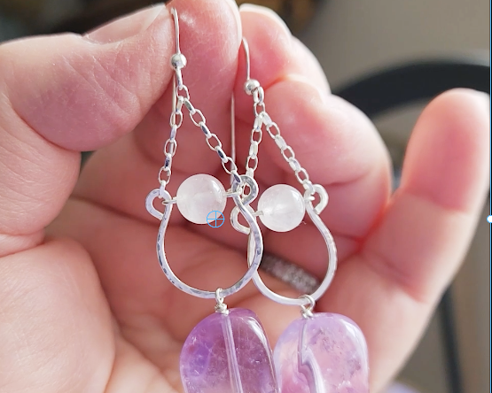 Long Amethyst Nugget Rose Quartz Dangle Chandelier Earrings