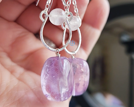 Long Amethyst Nugget Rose Quartz Dangle Chandelier Earrings