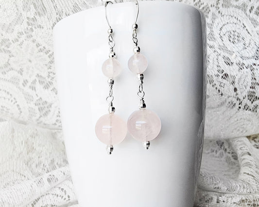 Long Rose Quartz Sterling Silver Dangle Earrings with pale pink stones and sparkly sterling silver beads. 