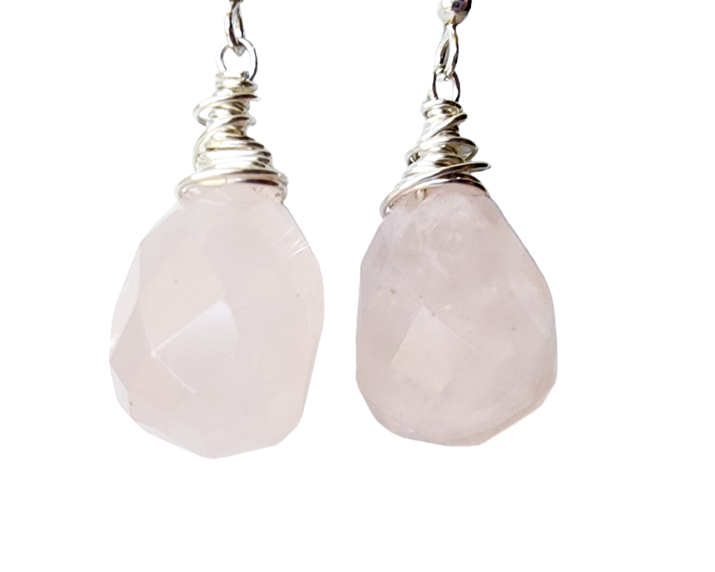 Large Faceted Drop Shaped Rose Quartz Sterling Silver Dangle Earrings, wire wrapped with Sterling Silver Wire, on French style earring hooks