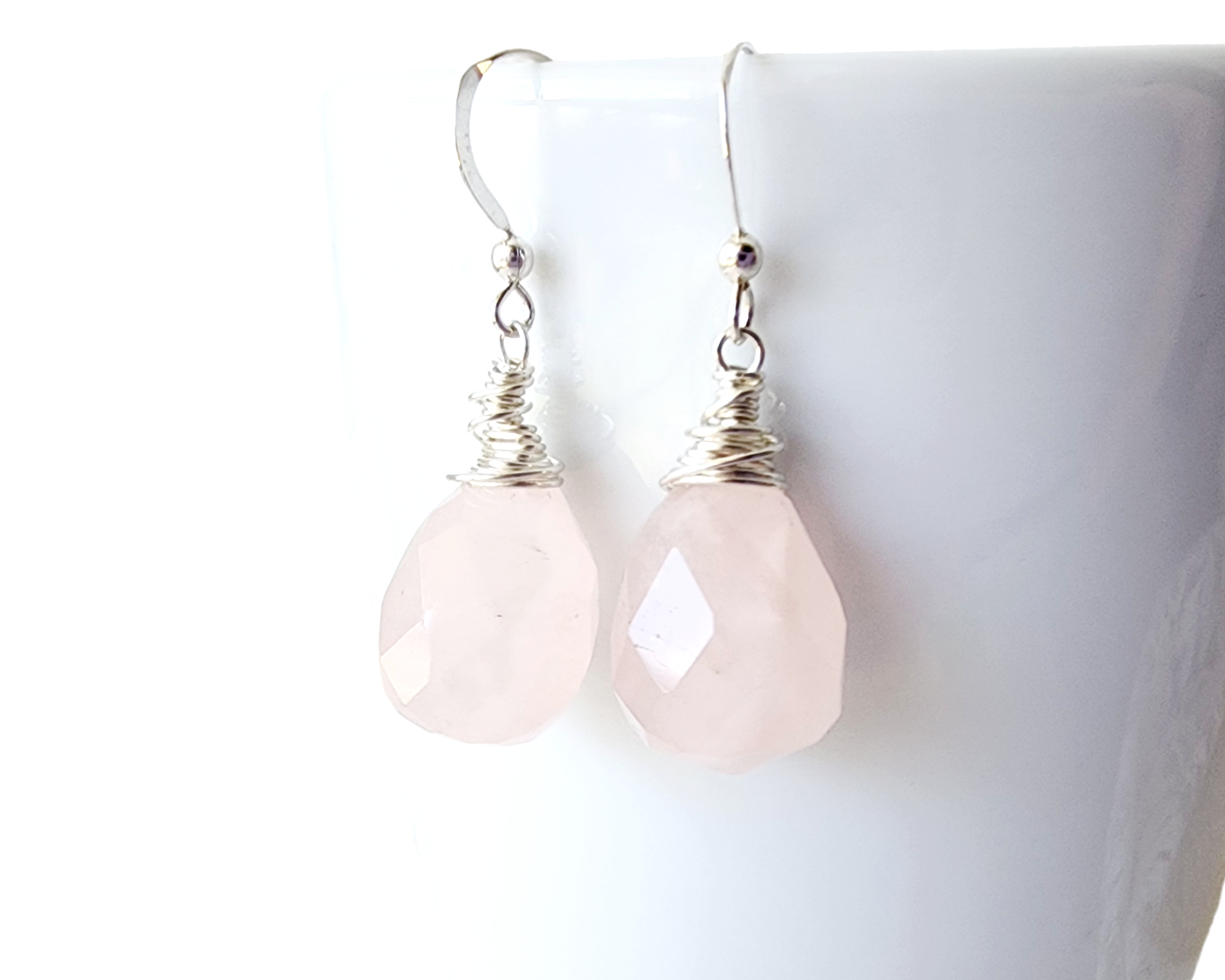 Large Faceted Drop Shaped Rose Quartz Sterling Silver Dangle Earrings, wire wrapped with Sterling Silver Wire, on French style earring hooks