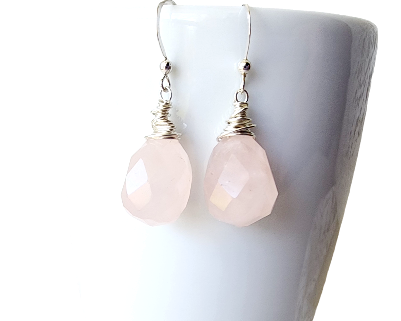 Large Faceted Drop Shaped Rose Quartz Sterling Silver Dangle Earrings, wire wrapped with Sterling Silver Wire, on French style earring hooks