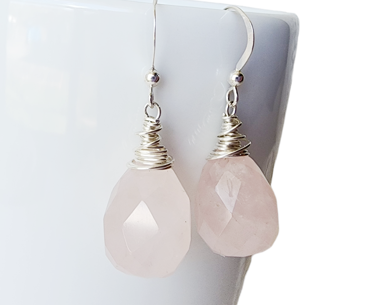 Large Faceted Drop Shaped Rose Quartz Sterling Silver Dangle Earrings, wire wrapped with Sterling Silver Wire, on French style earring hooks