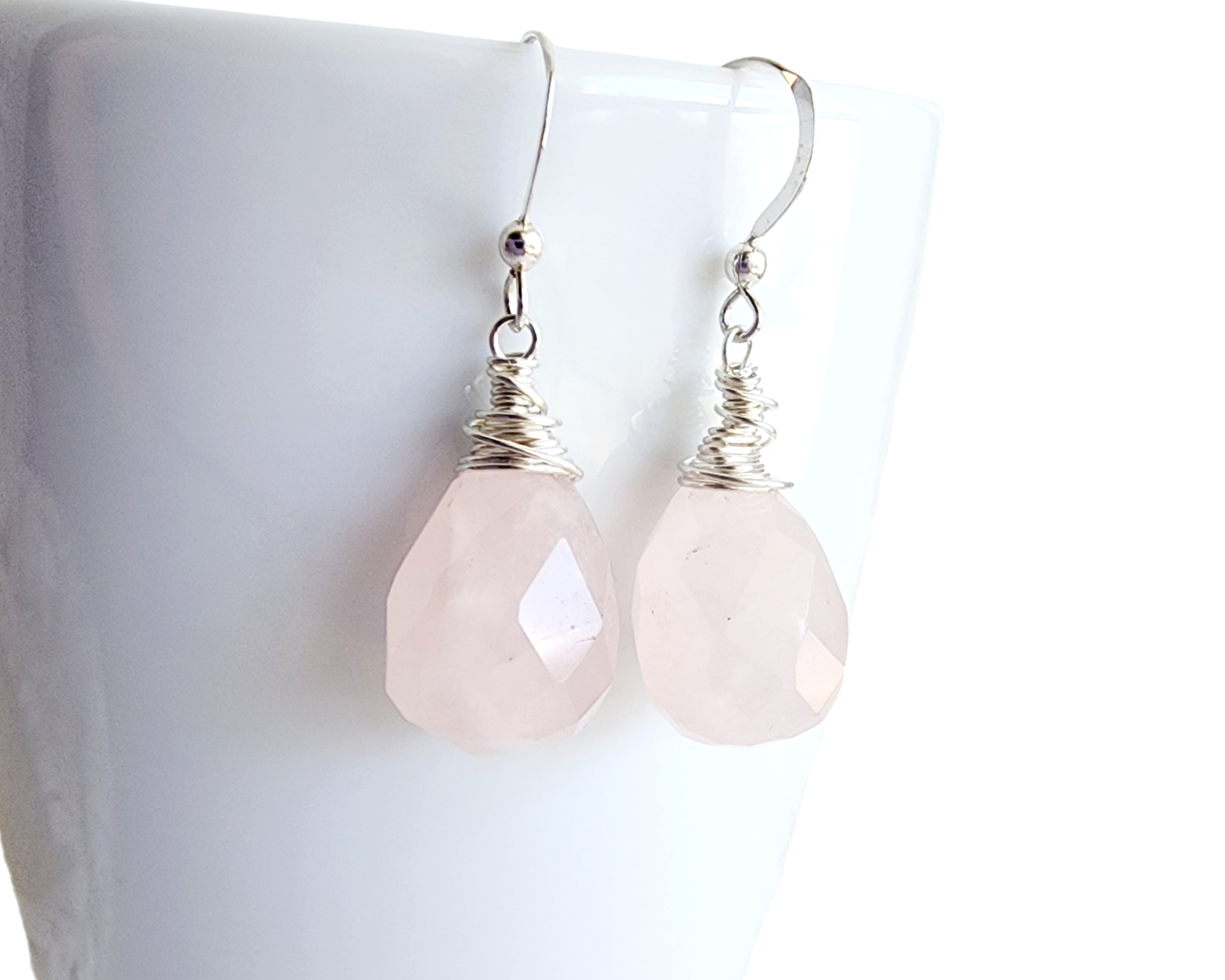 Large Faceted Drop Shaped Rose Quartz Sterling Silver Dangle Earrings, wire wrapped with Sterling Silver Wire, on French style earring hooks