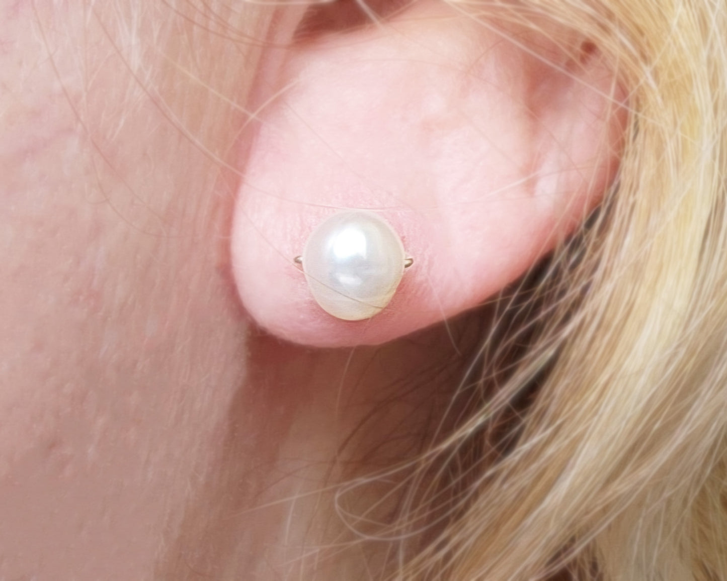 White Pearl Post Earrings on Ear