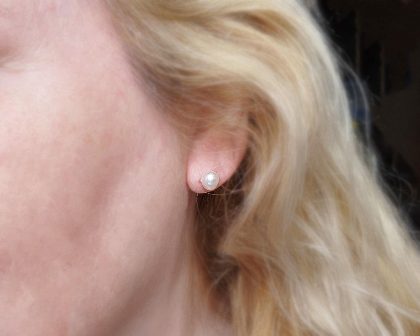 White Pearl Post Earrings on Ear