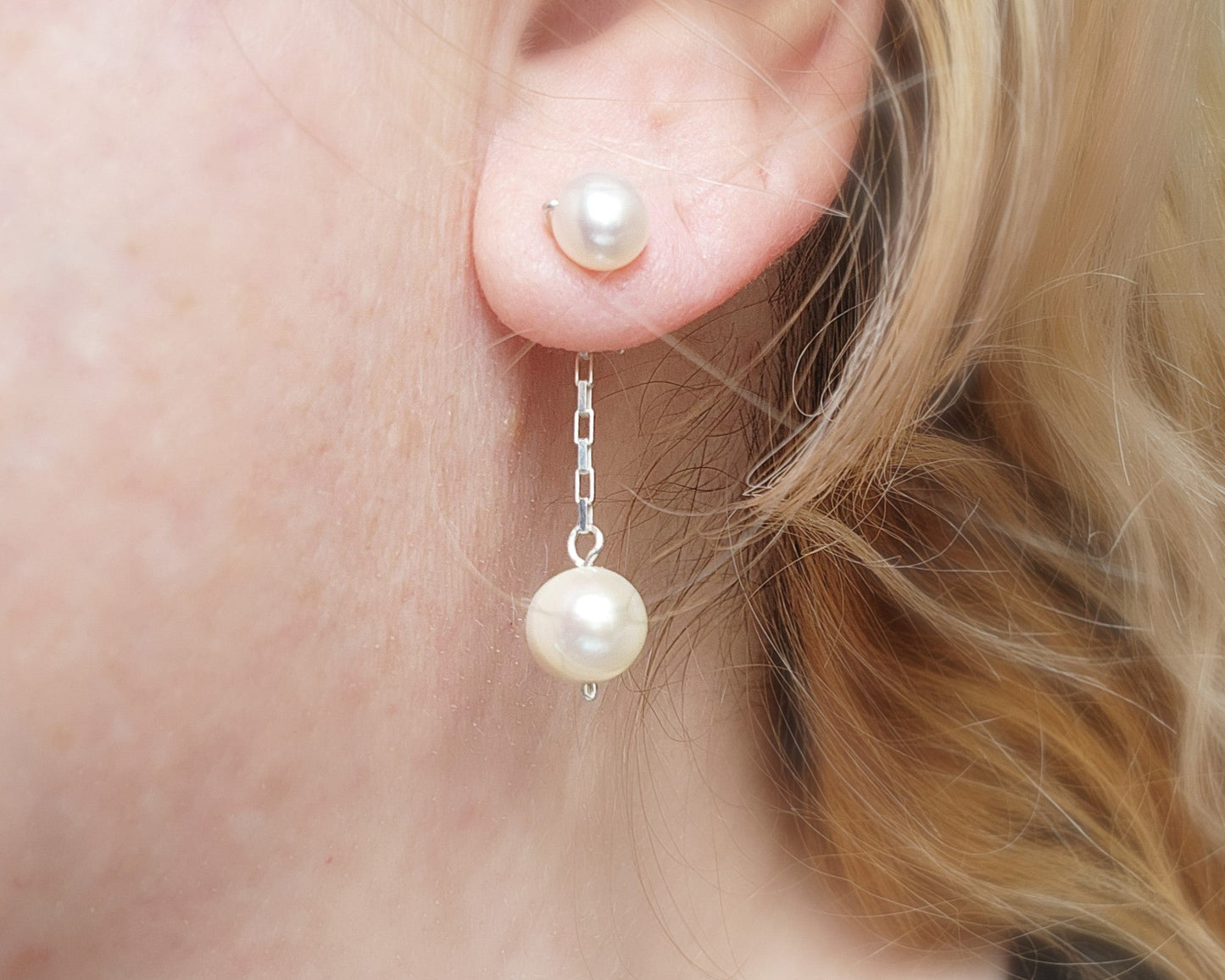 Convertible Sterling Silver Freshwater Cultured Peal Dangle and Post Earrings with Large pearls on the end of a long chain. 