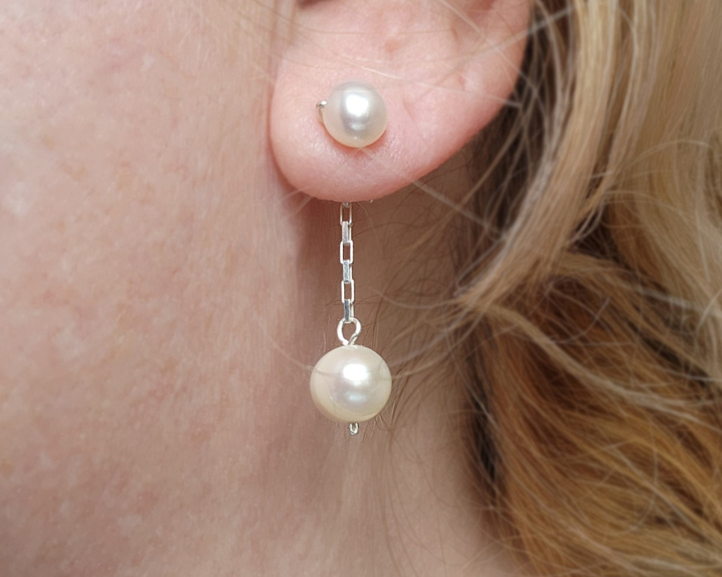 Convertible Sterling Silver Freshwater Cultured Peal Dangle and Post Earrings with Large pearls on the end of a long chain. 