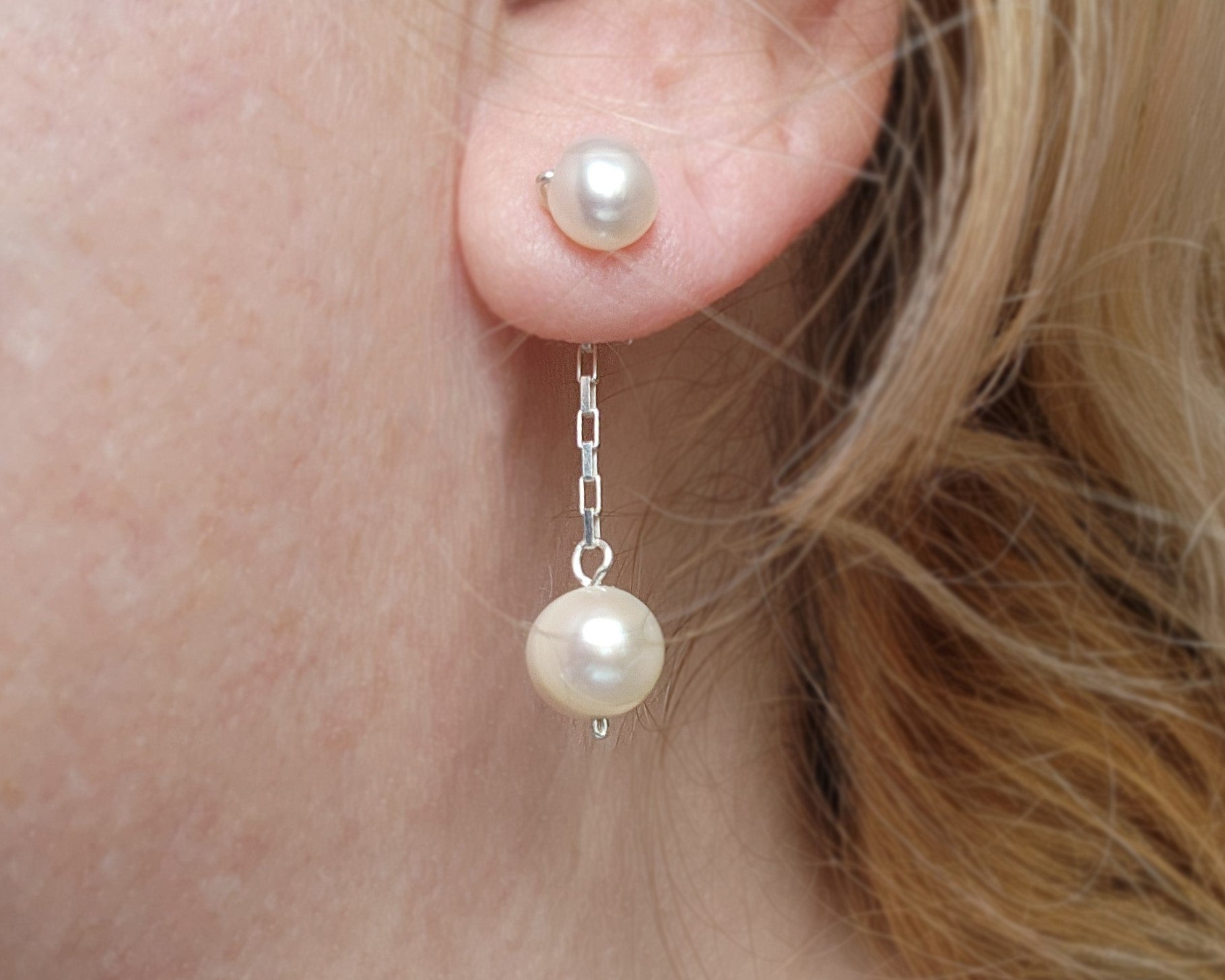 Convertible Sterling Silver Freshwater Cultured Peal Dangle and Post Earrings with Large pearls on the end of a long chain. 