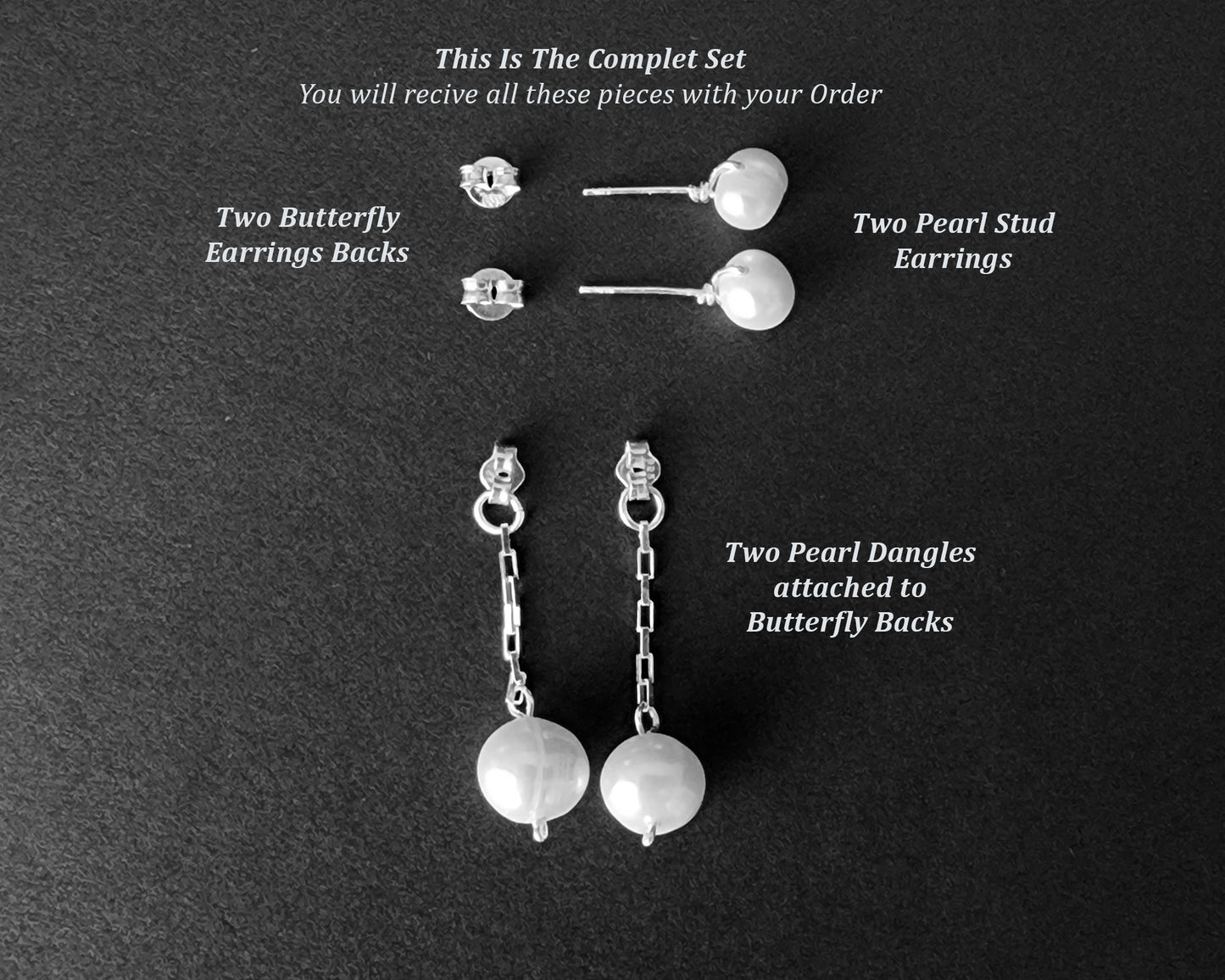 Convertible Sterling Silver Freshwater Cultured Peal Dangle and Post Earrings with Large pearls on the end of a long chain on black background 
