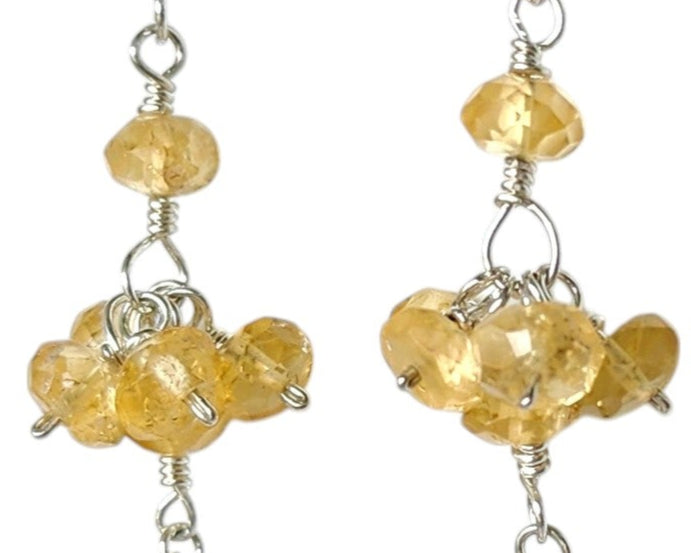 Long Dangle Citrine Earrings with sparkly yellow faceted Citrine Gemstones wire wrapped with solid Sterling Silver wire on French earring wires, hooks. 