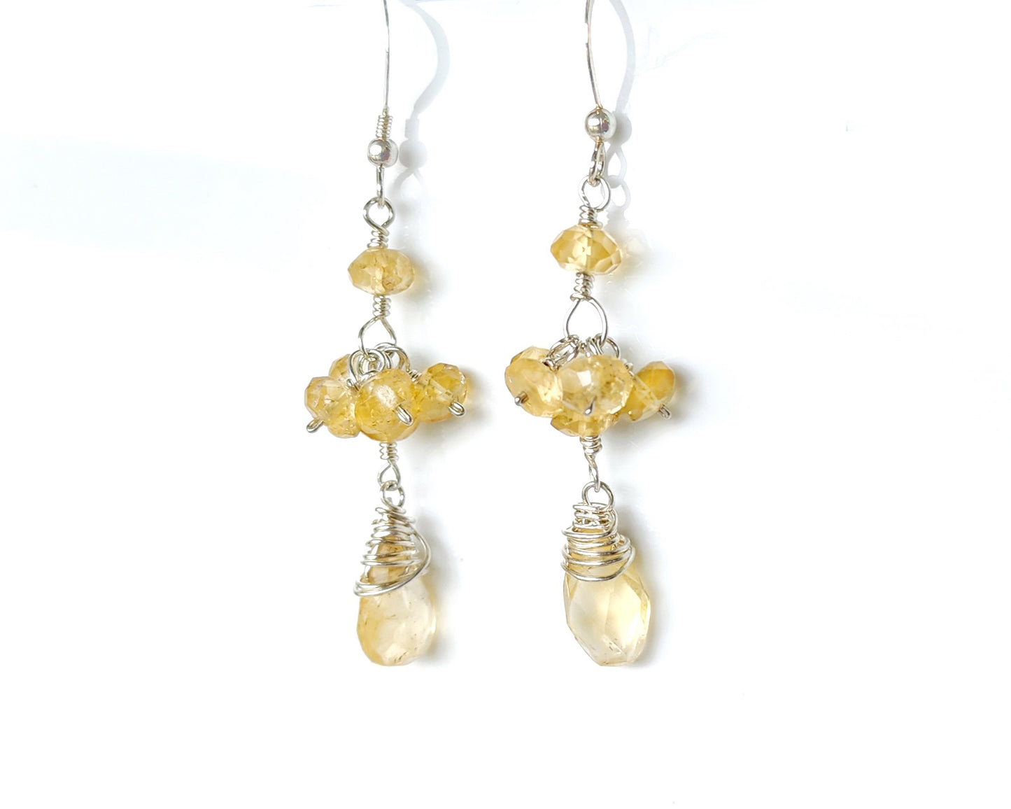 Long Dangle Citrine Earrings with sparkly yellow faceted Citrine Gemstones wire wrapped with solid Sterling Silver wire on French earring wires, hooks. 