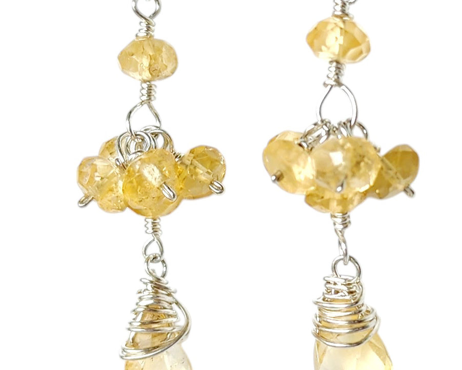 Long Dangle Citrine Earrings with sparkly yellow faceted Citrine Gemstones wire wrapped with solid Sterling Silver wire on French earring wires, hooks. 