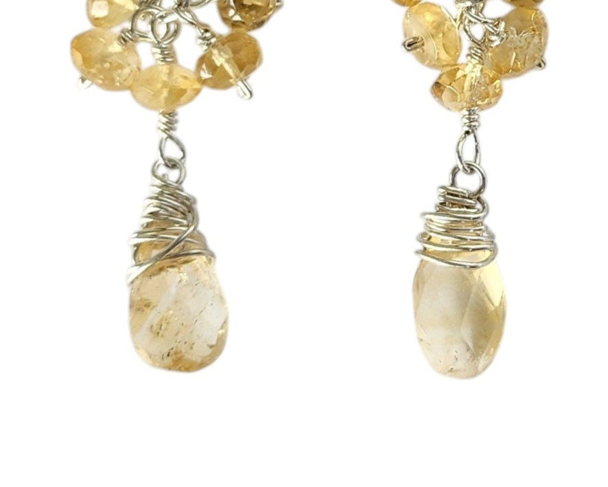 Long Dangle Citrine Earrings with sparkly yellow faceted Citrine Gemstones wire wrapped with solid Sterling Silver wire on French earring wires, hooks. 