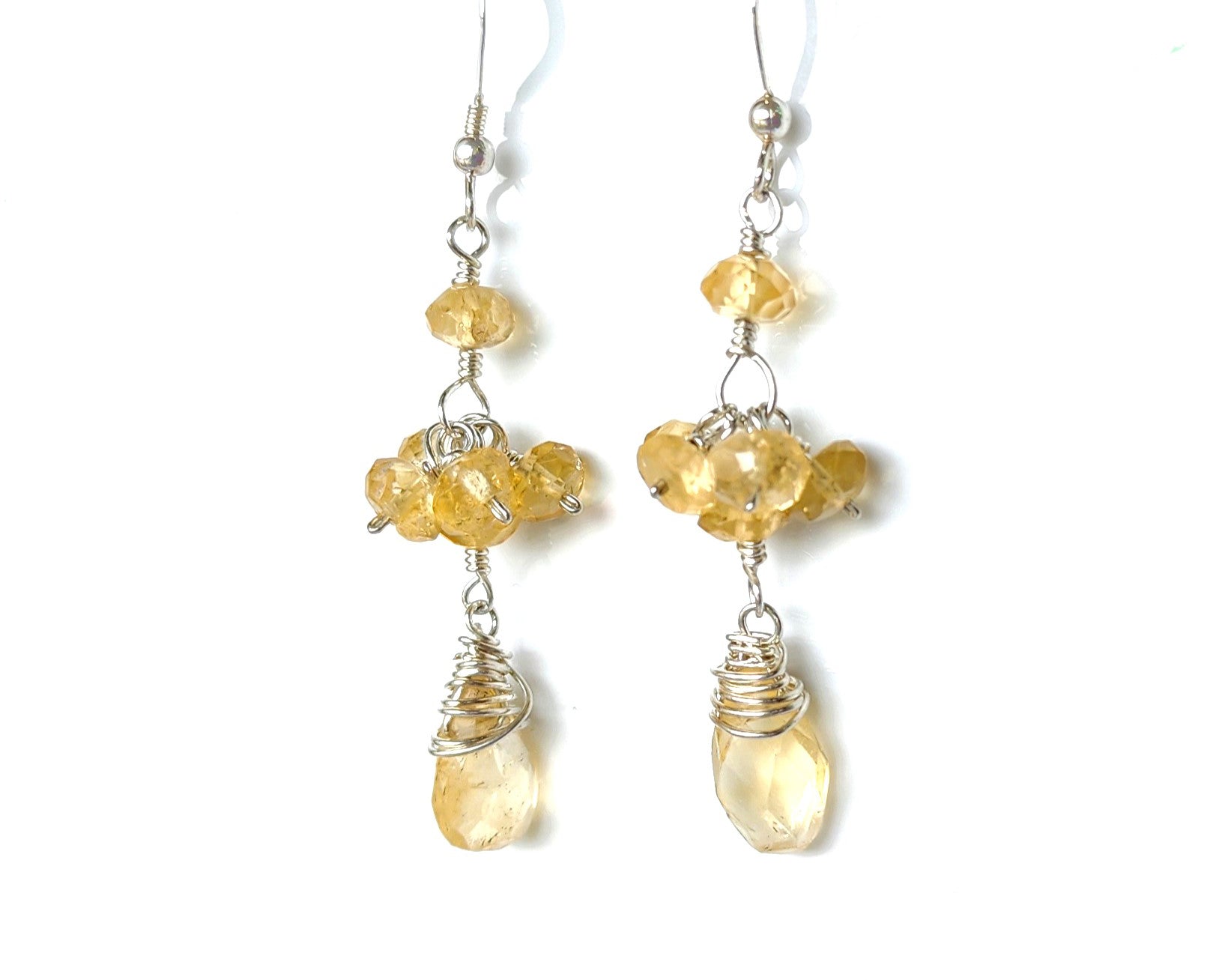 Long Dangle Citrine Earrings with sparkly yellow faceted Citrine Gemstones wire wrapped with solid Sterling Silver wire on French earring wires, hooks. 