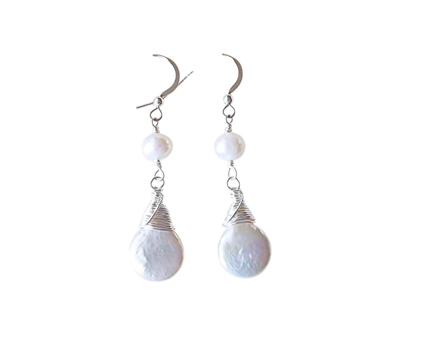 Long Large Freshwater Cultured Coin Shape Pearl Dangle Earrings