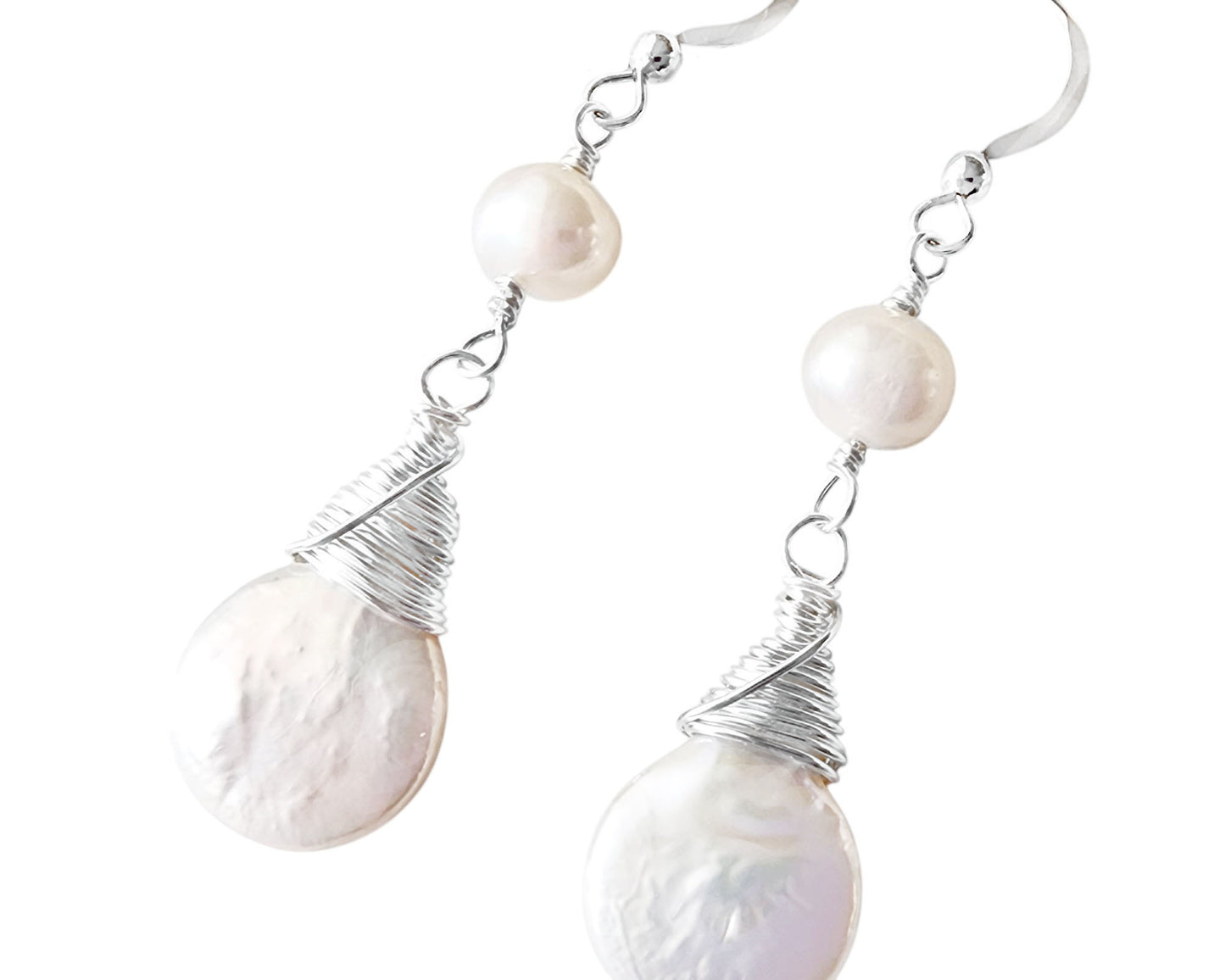 Long Large Freshwater Cultured Coin Shape Pearl Dangle Earrings