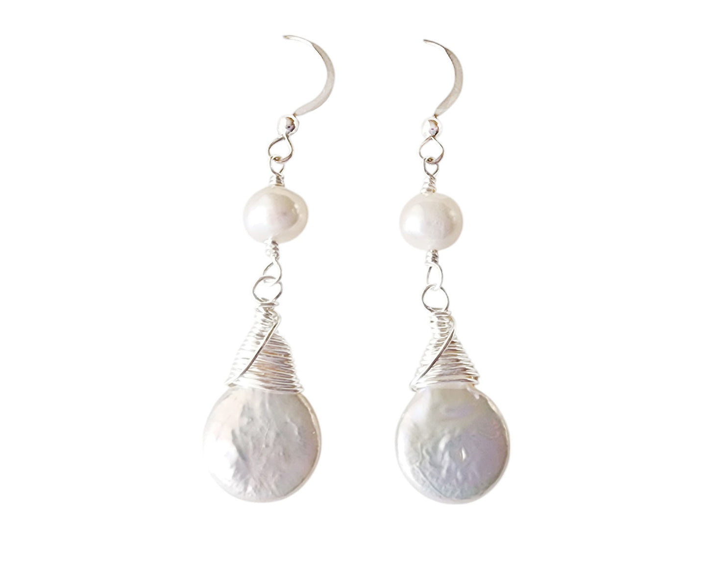 Long Large Freshwater Cultured Coin Shape Pearl Dangle Earrings