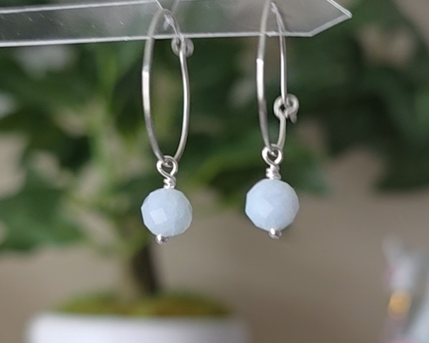 Sterling Silver hoop earrings with pale blue aquamarine dangles, with plants in background 