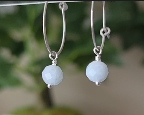 Sterling Silver hoop earrings with pale blue aquamarine dangles, with plants in background 