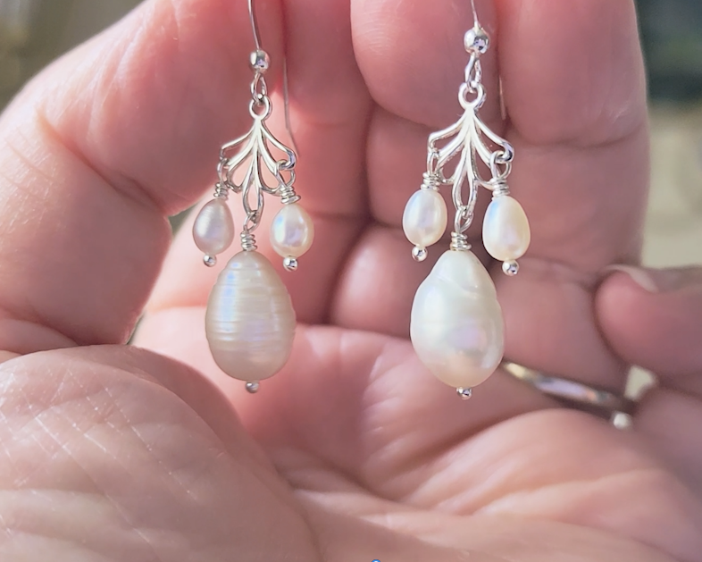 Large Pearl Drop Leaf Freshwater Cultured Chandelier Earrings
