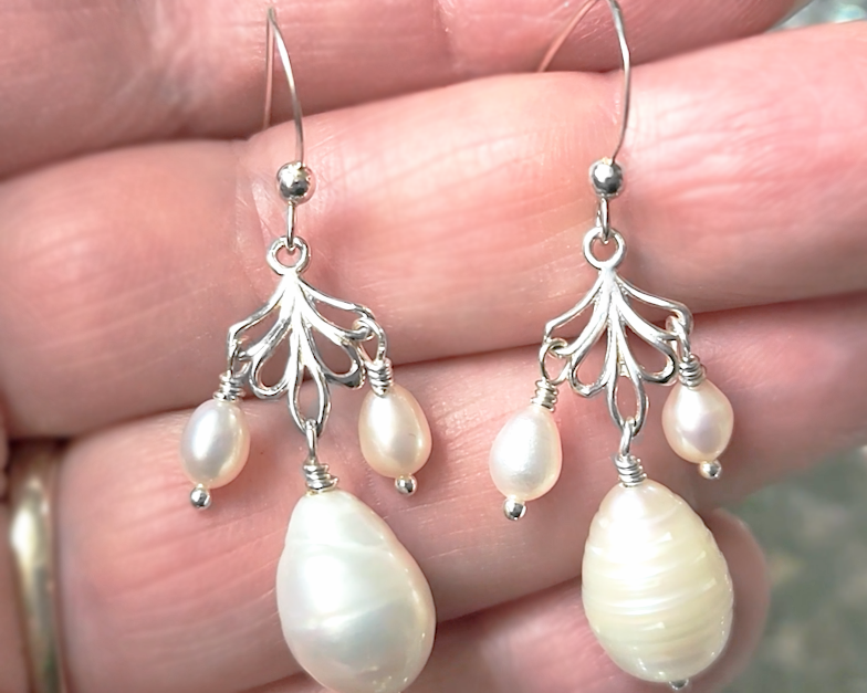 Large Pearl Drop Leaf Freshwater Cultured Chandelier Earrings