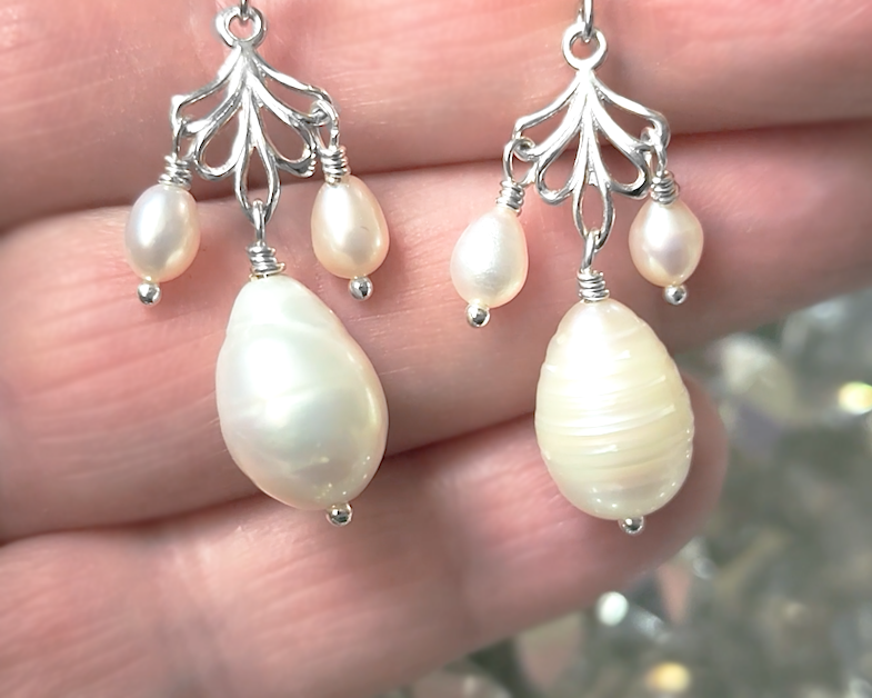 Large Pearl Drop Leaf Freshwater Cultured Chandelier Earrings