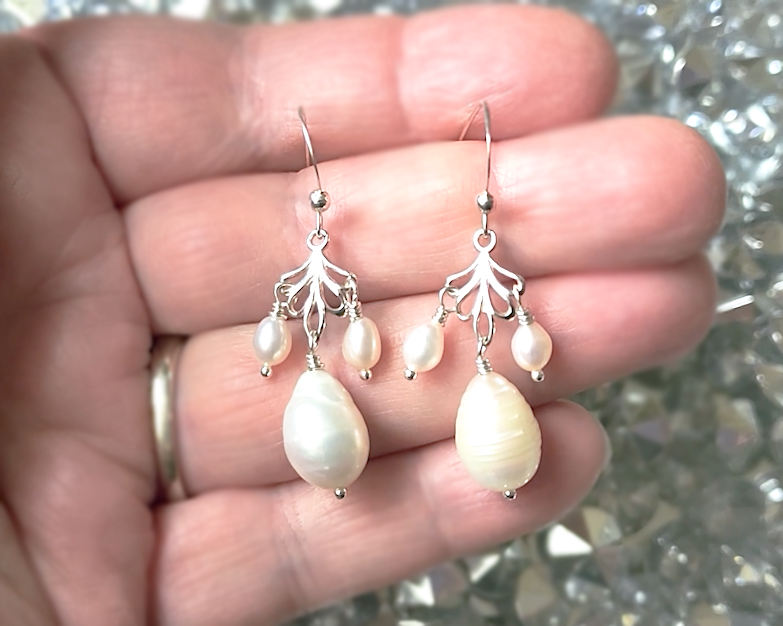 Large Pearl Drop Leaf Freshwater Cultured Chandelier Earrings