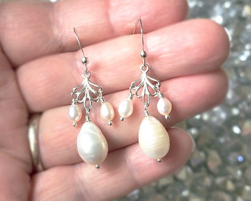 Large Pearl Drop Leaf Freshwater Cultured Chandelier Earrings