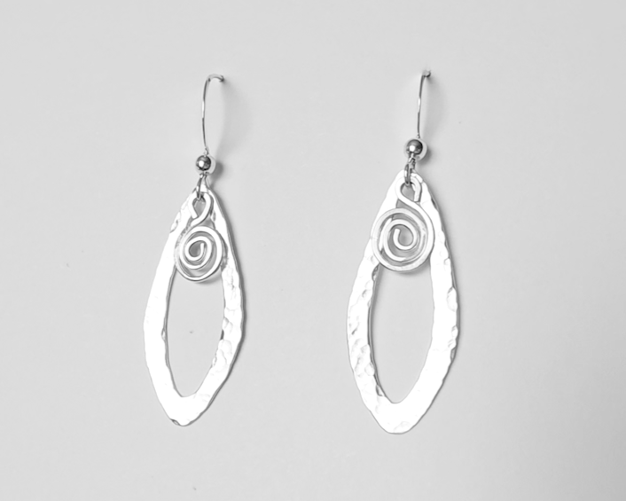 Sterling Silver, long Celtic style Dragonfly Wing earrings with dangling Eternity Coils on French style earring hooks on white background