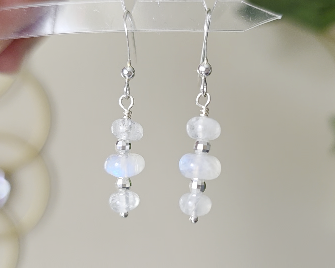 Sterling Silver Dangle Earrings with Three milky white Moonstones with blue and Sterling Silver sparkly beads dangling from silver French earring hooks