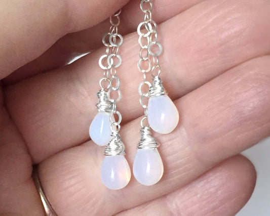 Long Sterling Silver double chain earrings with Opalite drops wrapped with Sterling Silver wire with French earring hooks on hand