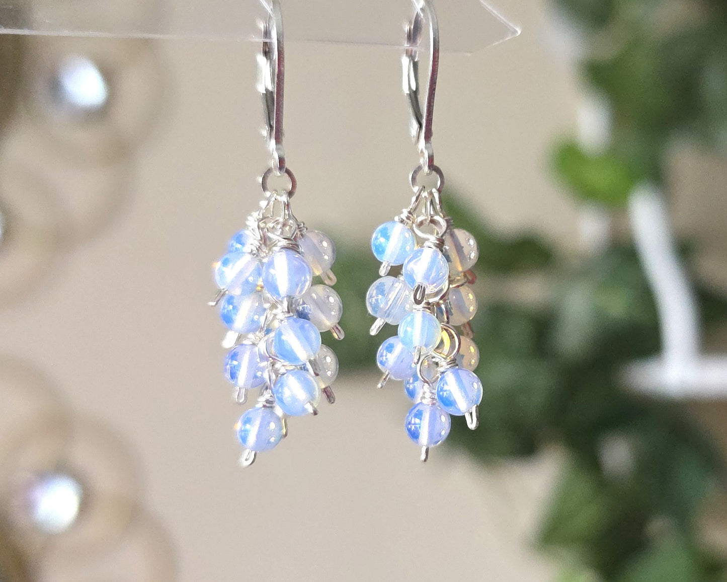 Sterling Silver Opalite Cluster earrings with blue gold stones on earring hooks, with green plant background